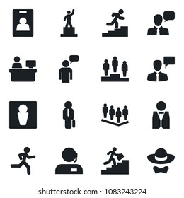 Set of vector isolated black icon - male vector, speaking man, pedestal, team, manager place, run, speaker, identity card, support, career ladder, waiter, dress code