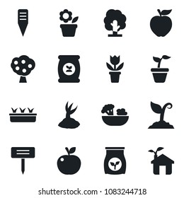 Set of vector isolated black icon - flower in pot vector, seedling, tree, sproute, plant label, fertilizer, fruit, salad, apple, eco house