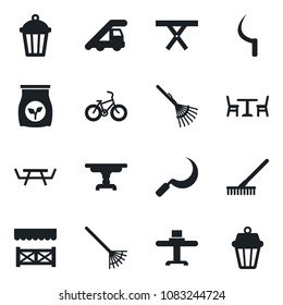Set of vector isolated black icon - cafe vector, ladder car, rake, sickle, garden light, picnic table, fertilizer, bike, restaurant, alcove, outdoor lamp