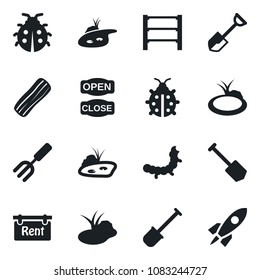 Set of vector isolated black icon - job vector, garden fork, shovel, lady bug, caterpillar, pond, rack, rent, bacon, open close, rocket