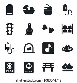 Set of vector isolated black icon - ticket office vector, passport, luggage storage, bench, dropper, broken bone, traffic light, low battery, themes, music, copier, serviette, salad