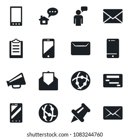 Set of vector isolated black icon - mobile phone vector, speaking man, mail, loudspeaker, network, cell, paper pin, clipboard, home message, schedule