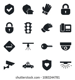 Set of vector isolated black icon - smoking place vector, alarm car, lock, glove, heart shield, traffic light, key, intercome, home protect, surveillance, sprinkler