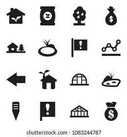 Set of vector isolated black icon - left arrow vector, plant label, greenhouse, pond, fertilizer, important flag, point graph, house with tree, fruit, eco, money bag