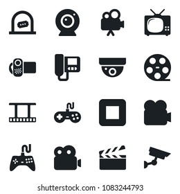 Set of vector isolated black icon - ticket office vector, clapboard, film frame, reel, gamepad, video camera, stop button, tv, web, intercome, surveillance