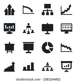 Set of vector isolated black icon - growth statistic vector, presentation board, monitor, circle chart, pulse, bar graph, hierarchy, arrow up, crisis
