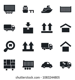 Set of vector isolated black icon - sea shipping vector, truck trailer, cargo container, car delivery, port, consolidated, warehouse storage, up side sign, package, search, moving