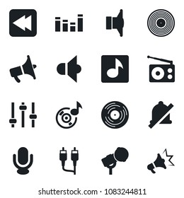 Set of vector isolated black icon - vinyl vector, microphone, radio, speaker, loudspeaker, equalizer, rewind, rca, tuning, mute, music, advertising