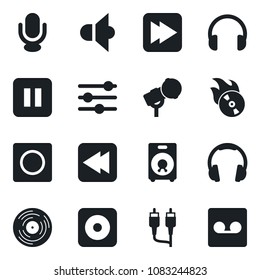 Set of vector isolated black icon - vinyl vector, flame disk, microphone, speaker, headphones, pause button, fast forward, rewind, rec, rca, tuning, record