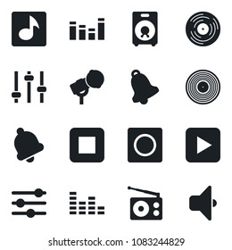 Set of vector isolated black icon - vinyl vector, microphone, radio, equalizer, speaker, play button, stop, tuning, bell, record, music, sound