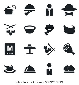 Set of vector isolated black icon - waiter vector, dish, restaurant table, menu, dress code, chicken, ham, bowl, steaming pan, sushi, serviette