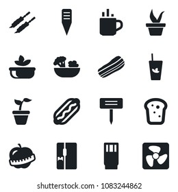 Set of vector isolated black icon - hot cup vector, seedling, plant label, diet, fridge, drink, phyto bar, salad, bacon, bread, kebab, dog, fan
