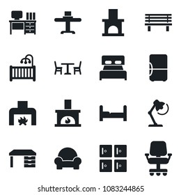 Set of vector isolated black icon - cafe vector, checkroom, desk, bench, fireplace, lamp, bedroom, children room, cushioned furniture, restaurant table, fridge, office chair