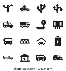 Set of vector isolated black icon - dispatcher vector, taxi, airport bus, alarm car, ambulance, route, truck trailer, delivery, heavy scales, garage, gate control, battery