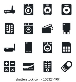 Set of vector isolated black icon - washer vector, calculator, speaker, phone back, sim, credit card, remote control, router, usb flash