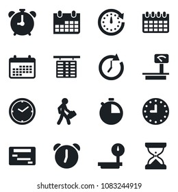 Set of vector isolated black icon - alarm clock vector, flight table, calendar, heavy scales, stopwatch, manager, schedule, sand