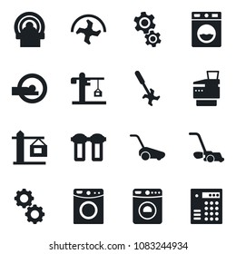 Set of vector isolated black icon - washer vector, ripper, lawn mower, tomography, copier, crane, gear, water filter, combination lock