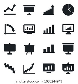 Set of vector isolated black icon - growth statistic vector, presentation board, crisis graph, monitor, statistics, bar, pie, point