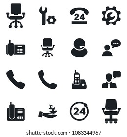 Set of vector isolated black icon - 24 around vector, office chair, phone, hours, support, speaker, radio, call, root setup, palm sproute