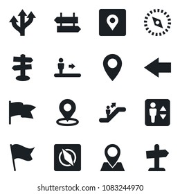 Set of vector isolated black icon - elevator vector, escalator, signpost, left arrow, route, pin, place tag, compass, flag, guidepost