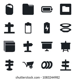 Set of vector isolated black icon - presentation board vector, wheelbarrow, signpost, battery, folder, charge, blank box, plates, guidepost