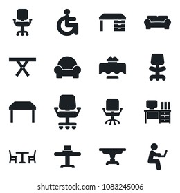 Set of vector isolated black icon - cafe vector, office chair, desk, picnic table, disabled, cushioned furniture, restaurant, man with notebook