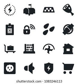 Set of vector isolated black icon - taxi vector, baggage trolley, abacus, ripper, house, seeds, joint, speaker, protect, charge, identity card, mailbox, ham, socket, wireless lock, cart