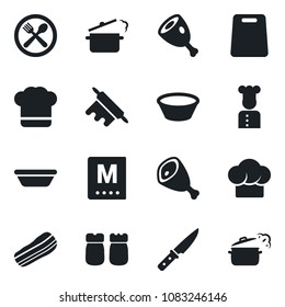 Set of vector isolated black icon - cook vector, cafe, hat, menu, bacon, salt and pepper, ham, bowl, rolling pin, cutting board, knife, steaming pan