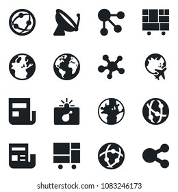 Set of vector isolated black icon - satellite antenna vector, bomb in case, plane globe, earth, consolidated cargo, network, share, news, social media