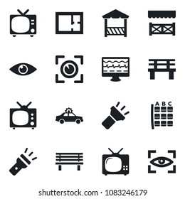 Set of vector isolated black icon - tv vector, alarm car, seat map, bench, monitor pulse, eye, torch, plan, alcove, scan