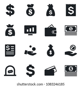 Set of vector isolated black icon - ticket office vector, dollar sign, money bag, statistic monitor, cash, receipt, credit card, wallet, investment