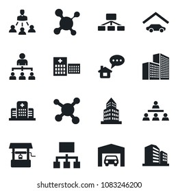 Set of vector isolated black icon - hierarchy vector, well, molecule, hospital, office building, garage, home message