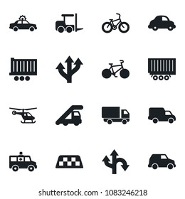 Set of vector isolated black icon - taxi vector, alarm car, fork loader, ladder, helicopter, ambulance, bike, route, truck trailer, delivery