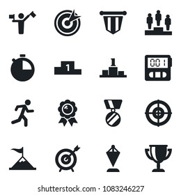 Set of vector isolated black icon - dispatcher vector, pedestal, pennant, medal, run, stopwatch, target, motivation, award cup