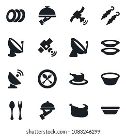 Set of vector isolated black icon - satellite antenna vector, spoon and fork, plates, waiter, chicken, kebab, bowl
