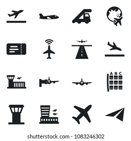 Set of vector isolated black icon - airport tower vector, runway, plane radar, departure, arrival, ticket, ladder car, boarding, seat map, globe, building, paper