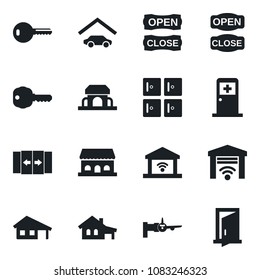 Set of vector isolated black icon - automatic door vector, boarding, medical room, checkroom, house with garage, key, cafe building, open close, gate control