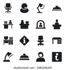 Set of vector isolated black icon - reception vector, office chair, desk, manager place, support, lamp, information