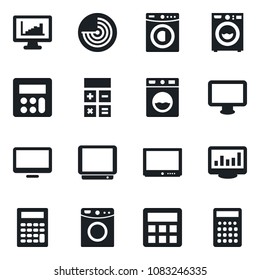 Set of vector isolated black icon - radar vector, calculator, tv, monitor, statistics, washer
