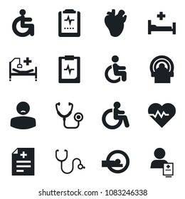 Set of vector isolated black icon - disabled vector, heart pulse, diagnosis, stethoscope, tomography, hospital bed, real, clipboard, patient