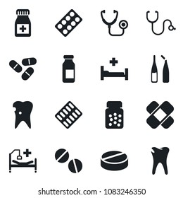 Set of vector isolated black icon - stethoscope vector, pills, bottle, blister, ampoule, patch, hospital bed, caries
