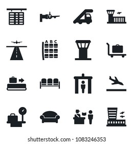 Set of vector isolated black icon - airport tower vector, runway, arrival, baggage conveyor, trolley, passport control, security gate, waiting area, ladder car, boarding, seat map, flight table