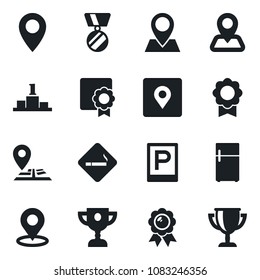 Set of vector isolated black icon - parking vector, smoking place, medal, navigation, pin, tag, sertificate, fridge, pedestal, award cup