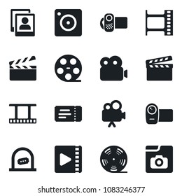 Set of vector isolated black icon - ticket vector, office, clapboard, film frame, reel, video camera, mobile, photo gallery