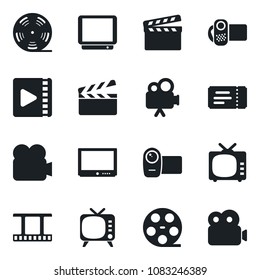 Set of vector isolated black icon - ticket vector, clapboard, film frame, reel, tv, video camera