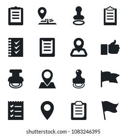 Set of vector isolated black icon - stamp vector, navigation, pin, clipboard, finger up, checklist, flag