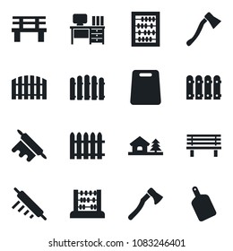 Set of vector isolated black icon - abacus vector, desk, fence, axe, bench, house with tree, rolling pin, cutting board