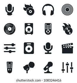 Set of vector isolated black icon - clapboard vector, vinyl, flame disk, microphone, remote control, headphones, speaker, tuning