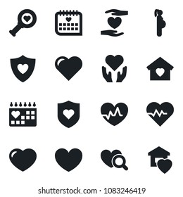 Set of vector isolated black icon - heart vector, pulse, diagnostic, shield, hand, medical calendar, pregnancy, sweet home