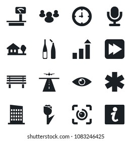 Set of vector isolated black icon - runway vector, growth statistic, bench, ampoule, ambulance star, eye, clock, tulip, heavy scales, microphone, group, fast forward, id, house with tree, city